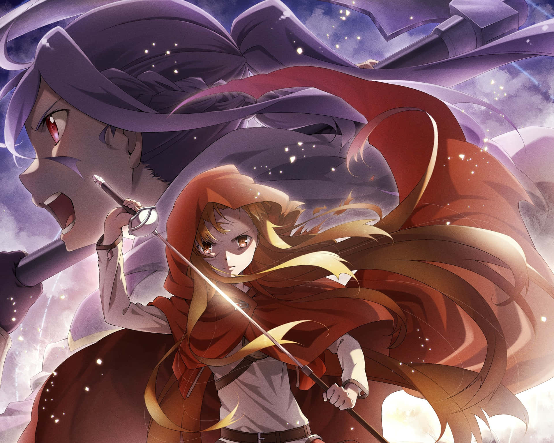 《刀劍神域》虛構角色亞絲娜背景 壁紙 — 兩個動漫角色以動態動作姿勢，披著飄逸的紅色和紫色斗篷，背景是星光閃爍的黃昏天空。