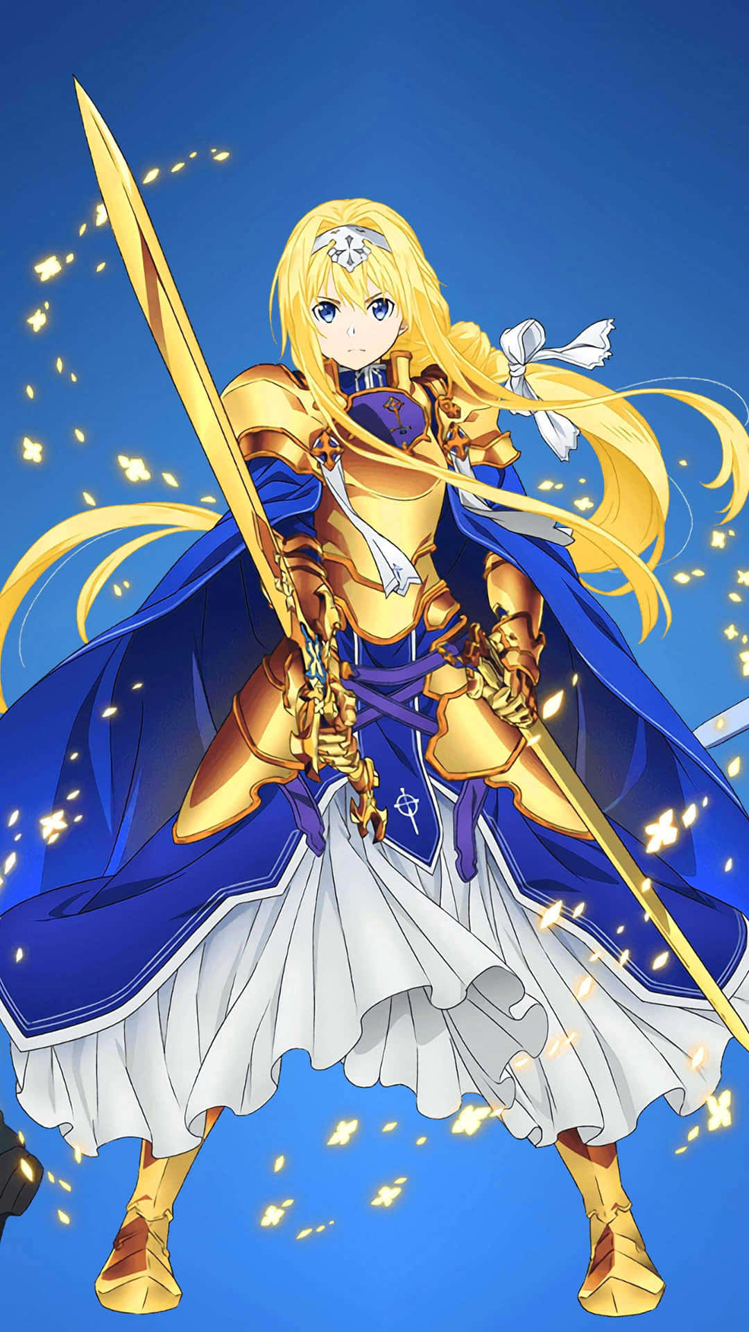 動漫女騎士，身穿金色盔甲和藍色披風，手持發光的劍。