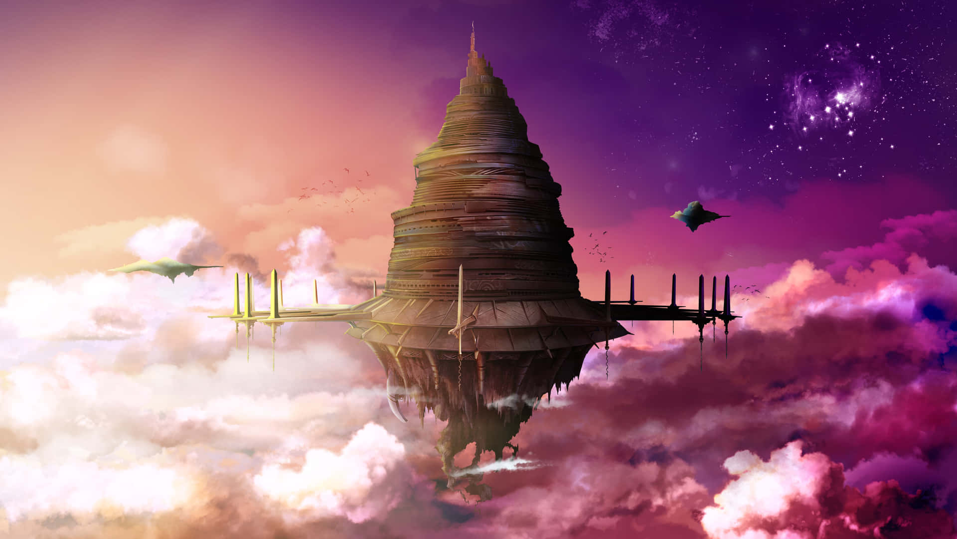 《刀劍神域》飛行城堡背景 壁紙 — 一座高聳的浮空寺廟帶有鏡面倒影，懸浮在雲層之上，下方是繁星點點的紫色和粉色天空，有飛行的生物。
