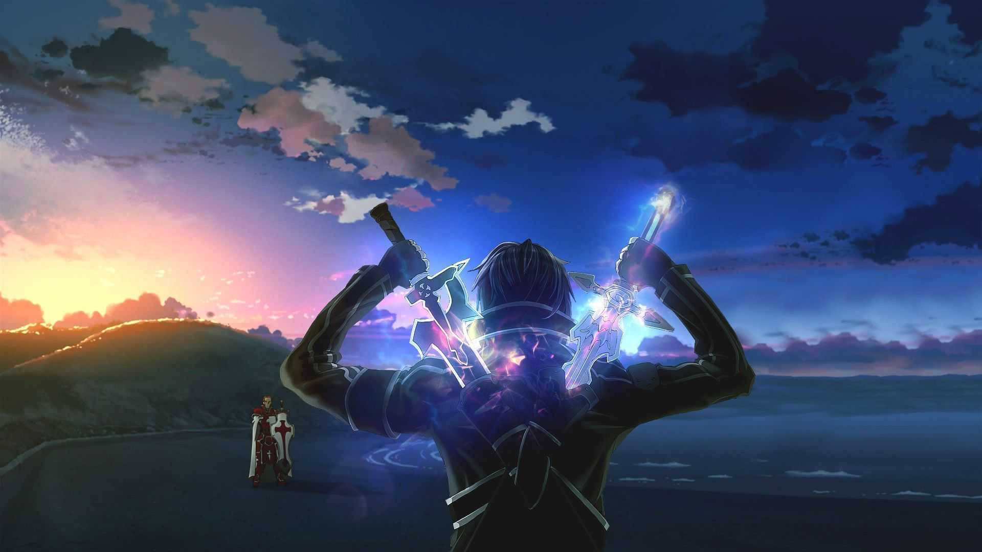 動漫戰士在日落時分手持發光劍俯瞰海洋