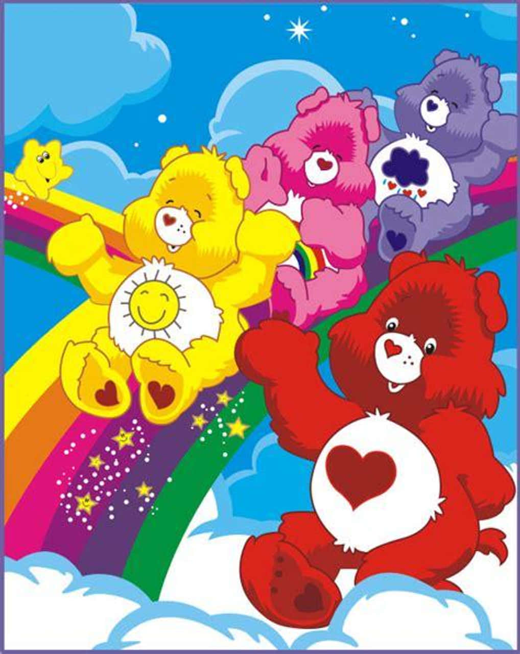 四隻快樂的Care Bears騎著彩虹穿過星空。
