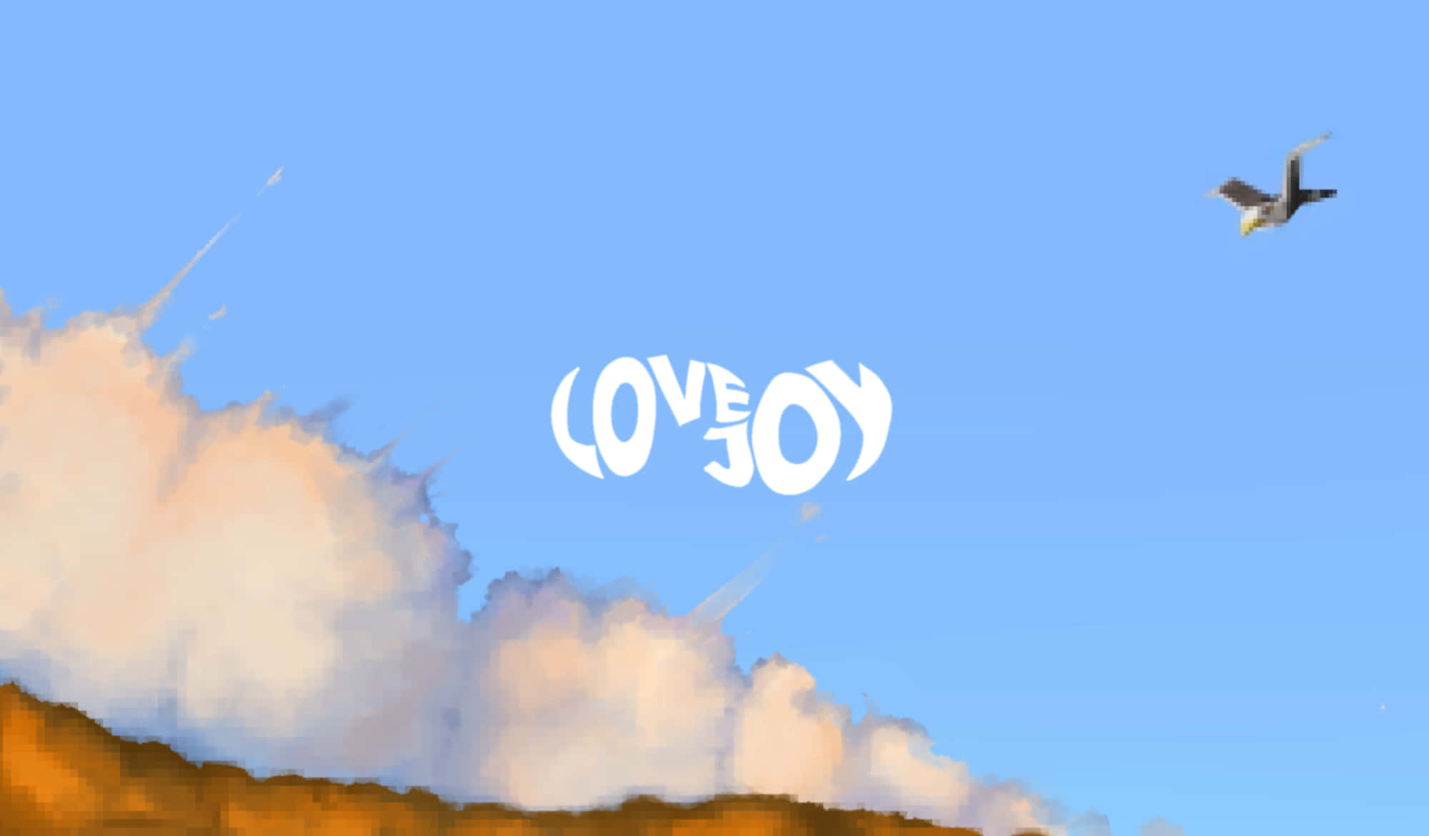 分享愛與喜悅 壁紙 — 一個風格化的白色「LOVE JOY」文字漂浮在蓬鬆的雲朵之上，背景是清澈的藍天，遠處有一隻鳥在翱翔。