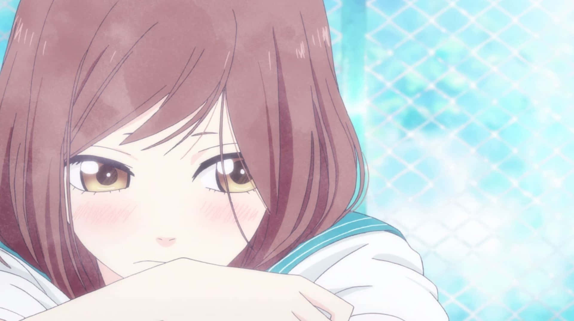 棕色頭髮、金色眼睛的動漫女孩害羞地從手指間偷看。