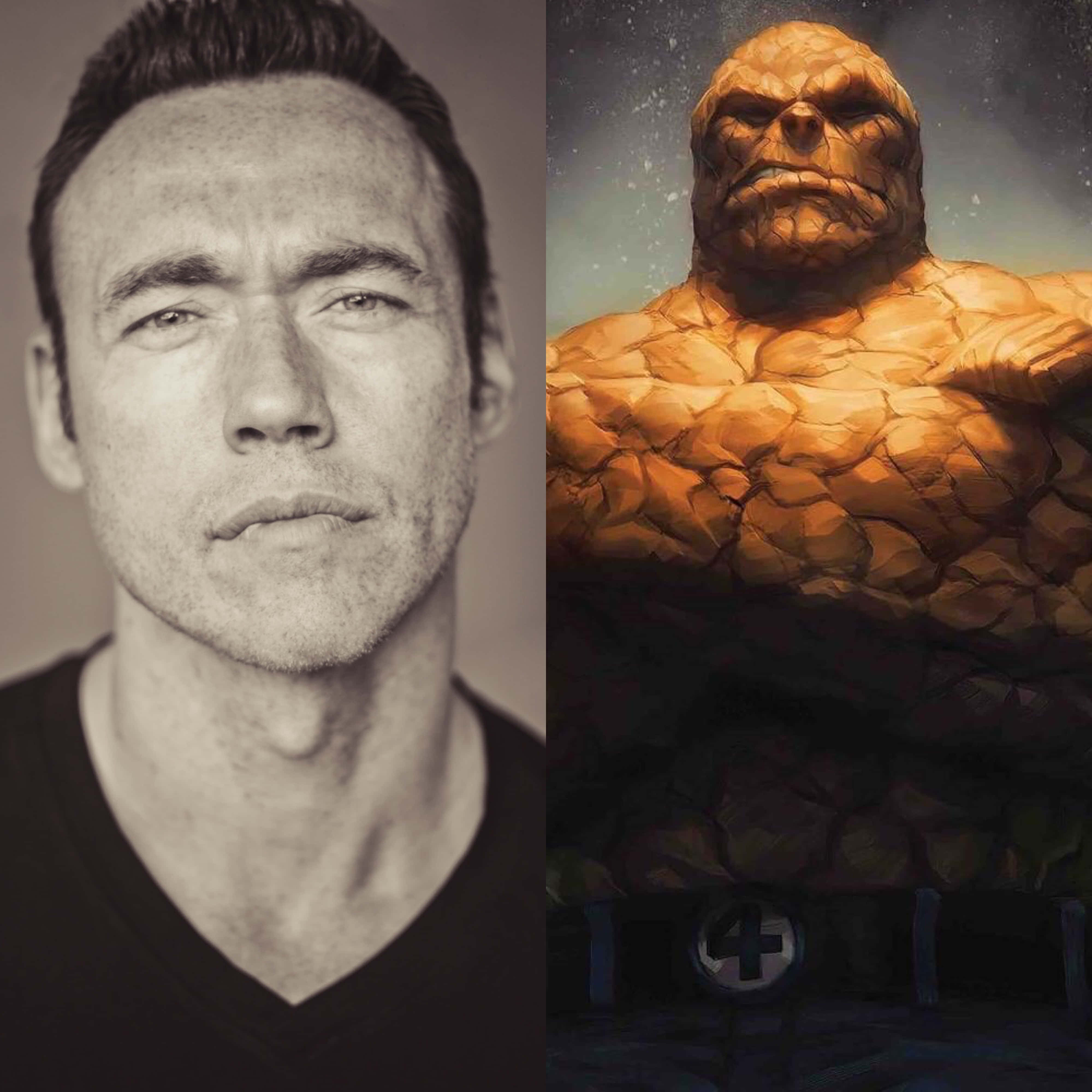 Kevin Durand 桌布 壁紙 — 分割圖像：左側是男性的黑白肖像，右側是發光眼睛的岩石超級英雄插圖。