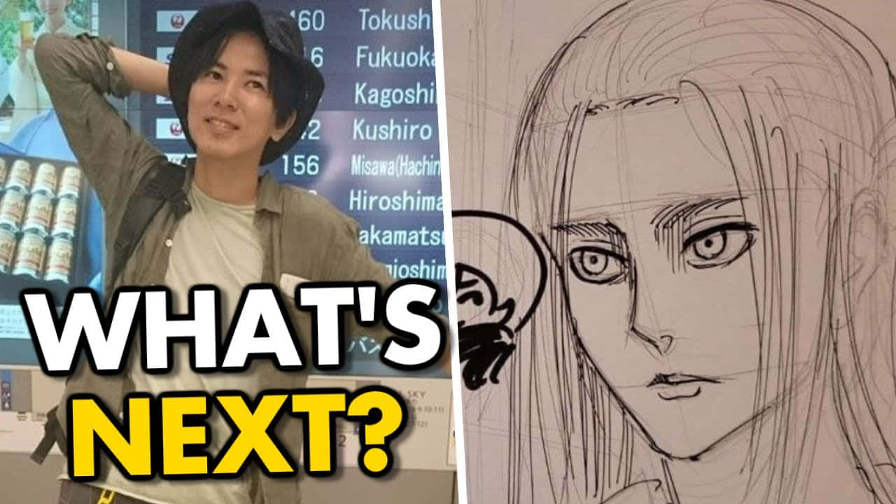 Isayama Hajime 桌布 壁紙 — 分割圖像顯示一個微笑的男人在車站，旁邊有動漫角色草圖和粗體文字問接下來會怎樣。