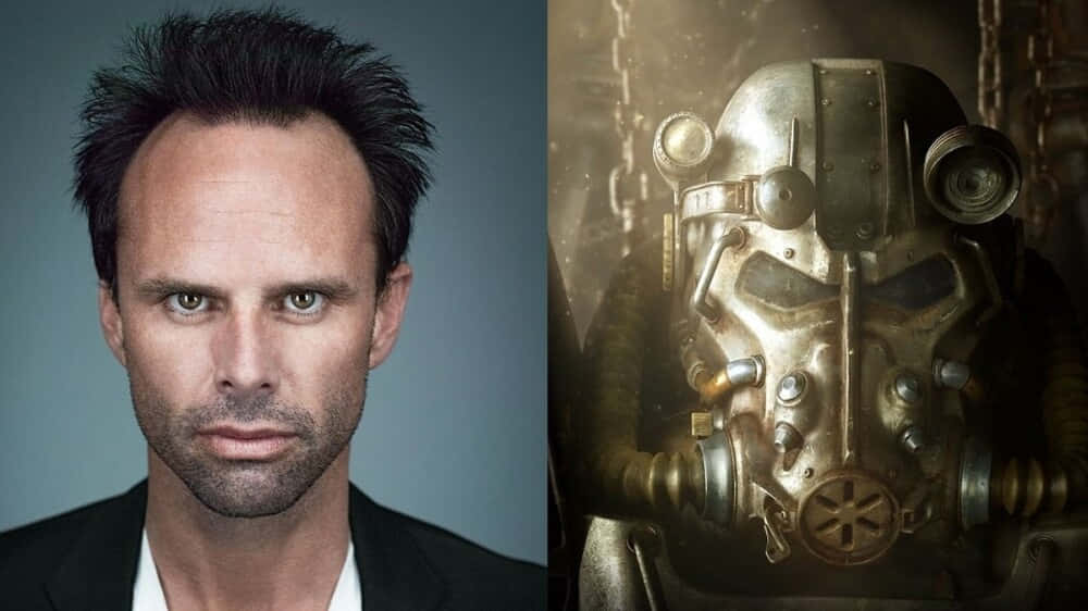 Fallout Characters 桌布 壁紙 — 分割圖像顯示一個眼神銳利的男人旁邊有一個風化的動力裝甲頭盔，處於骯髒多塵的環境中。