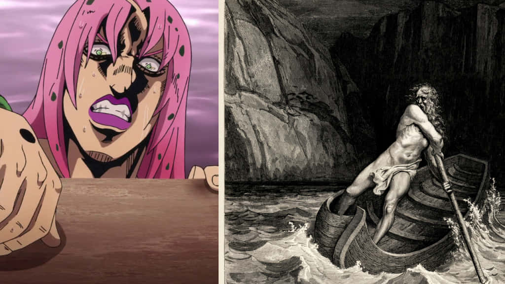 Jojo's Bizarre Adventure Diavolo 桌布 壁紙 — 分割圖片：粉紅色頭髮的動漫角色尖叫，旁邊是一幅黑白插圖，描繪一個肌肉男在岩石水域划船。