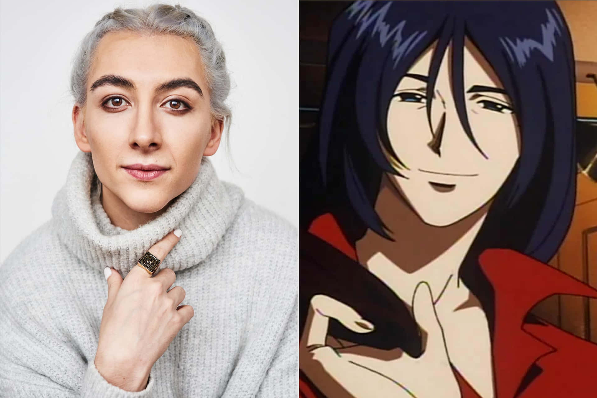 Cowboy Bebop Gren 桌布 壁紙 — 分割圖片，顯示一個銀髮的人穿著灰色毛衣，旁邊是一個黑髮紅夾克的動漫角色。