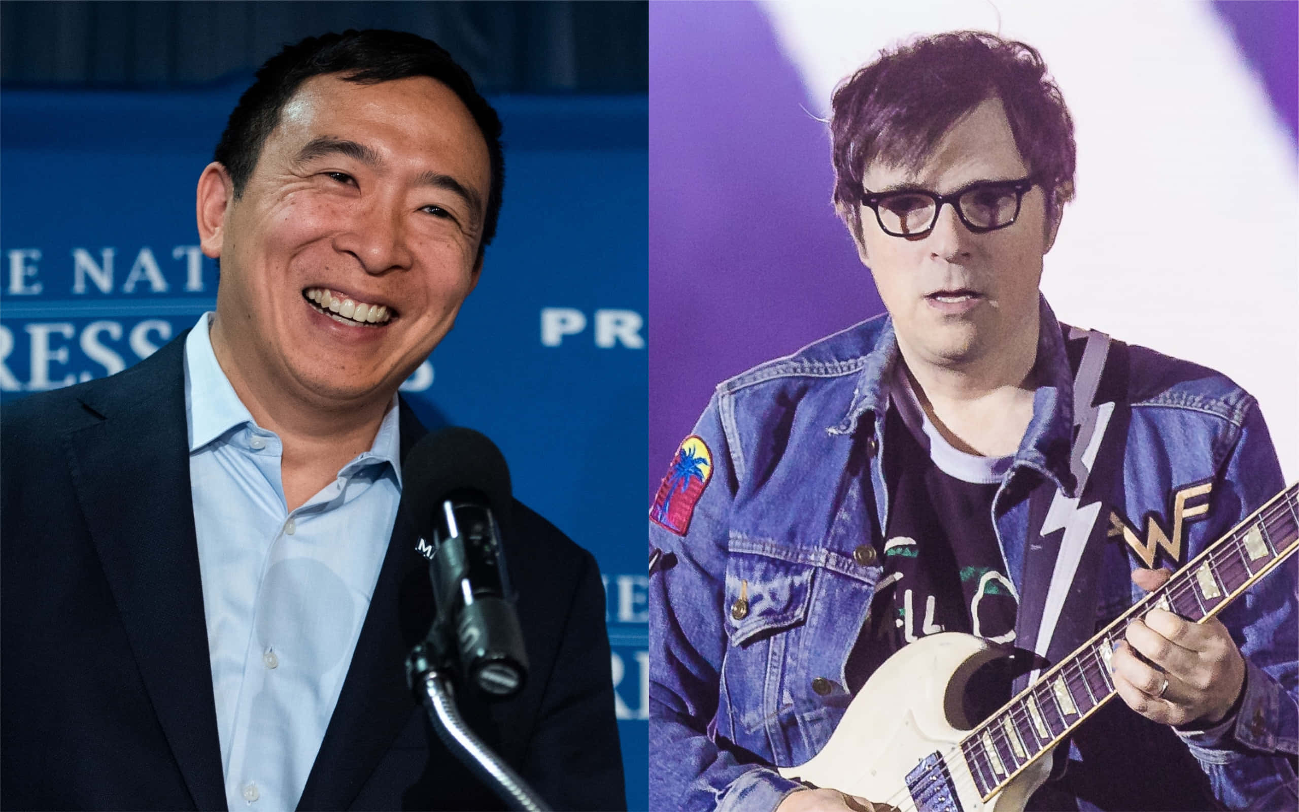 美國國旗 桌布 壁紙 — 分割圖片顯示一位微笑的西裝男子在記者會上，旁邊是一位穿著牛仔褸的音樂家正在彈奏白色電結他。