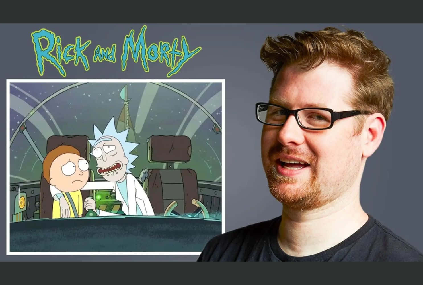 Justin Roiland 桌布 壁紙 — 分割圖片顯示一名戴眼鏡的男子旁邊是《瑞克和莫蒂》在太空船駕駛艙的動畫場景。