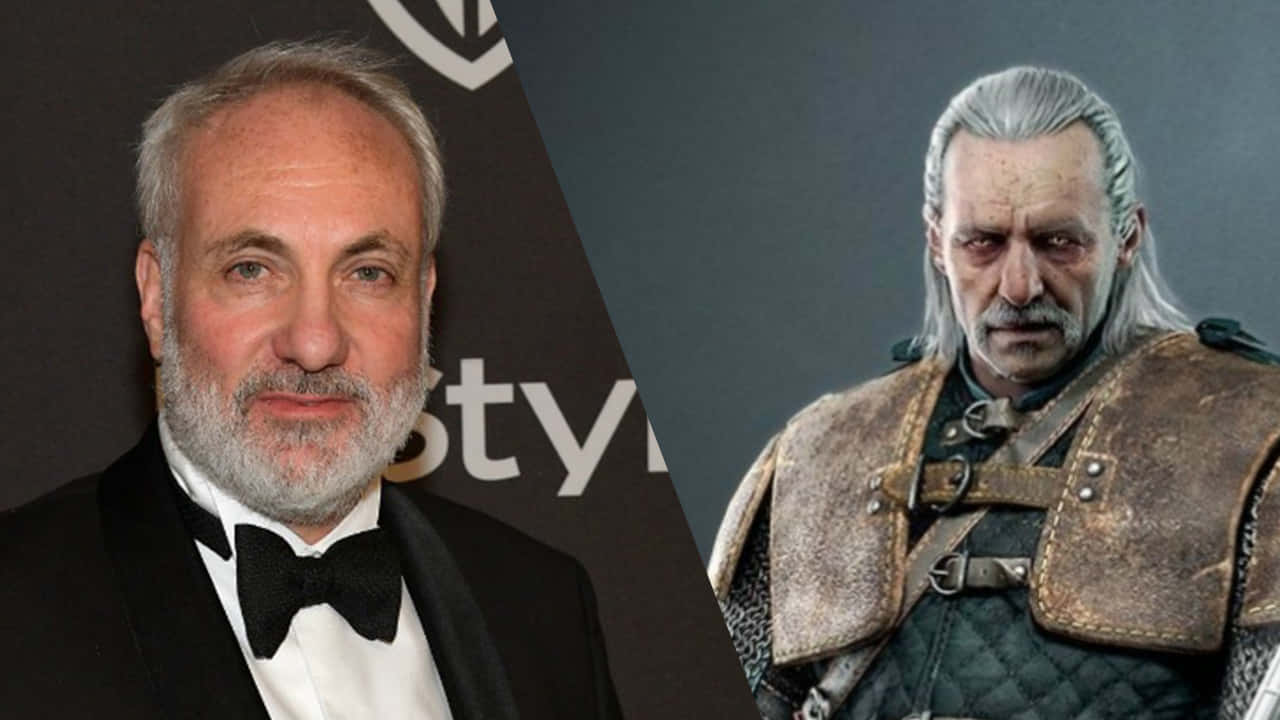 The Witcher Characters 桌布 壁紙 — 分割圖片顯示一名身穿燕尾服的男士旁邊有一位白髮皮甲奇幻戰士。