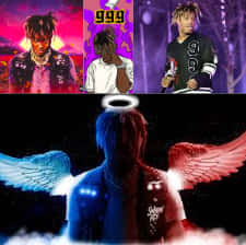 Juice Wrld 壁紙 — 分割圖片顯示上方三個年輕男子在鮮豔的霓虹燈環境中，下方一個帶有發光藍色和紅色翅膀的剪影人物。