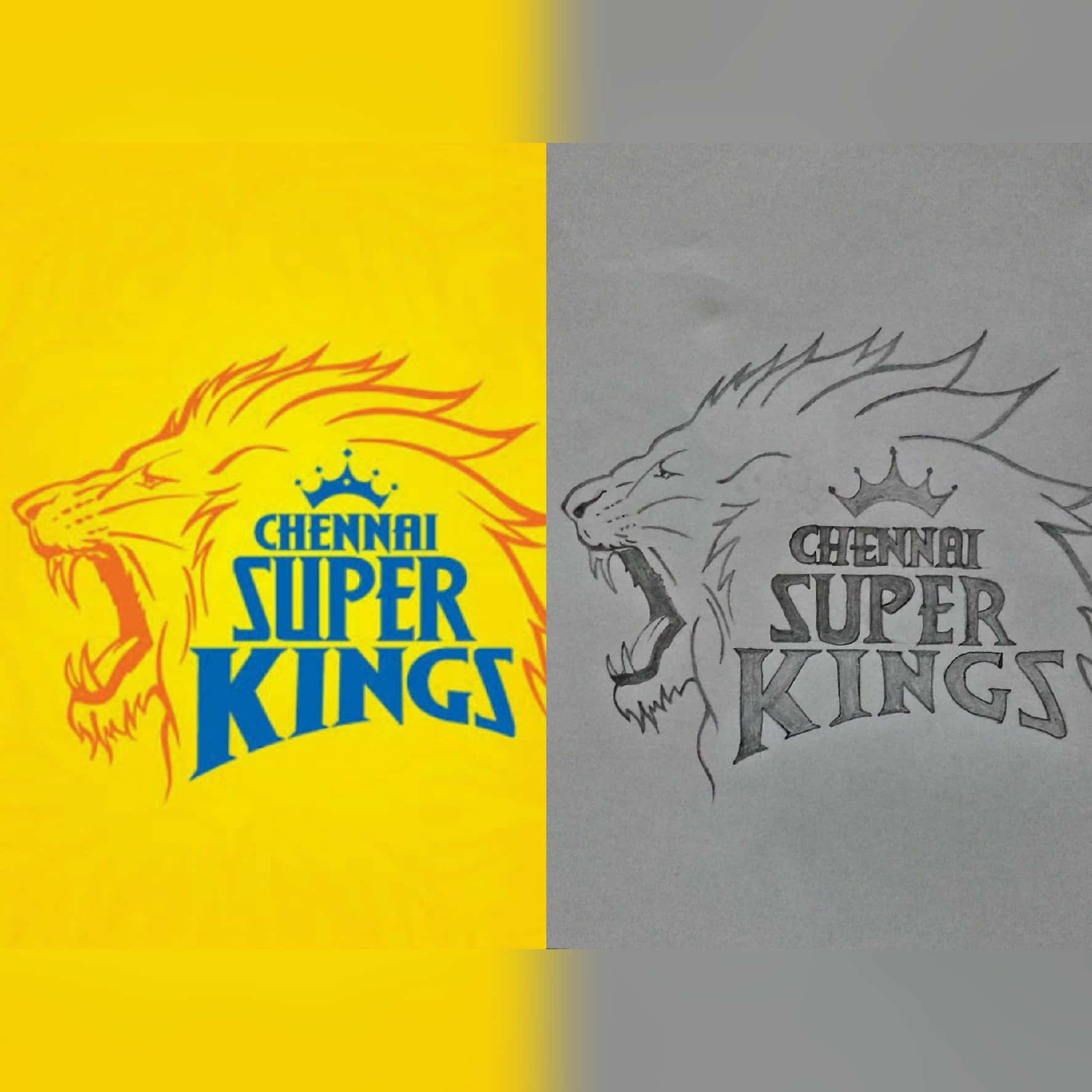Csk 桌布 壁紙 — 分割圖片顯示了帶有咆哮獅子和皇冠的 Chennai Super Kings 標誌的鮮豔黃色和灰色版本。