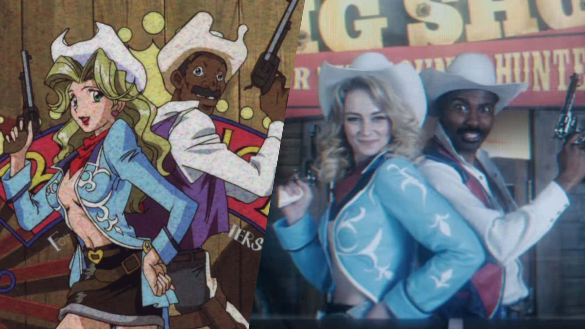 Cowboy Bebop Judy 桌布 壁紙 — 分割圖片顯示動漫風格和真人牛仔二人組穿著相配的藍色外套和白色帽子，手持左輪手槍。