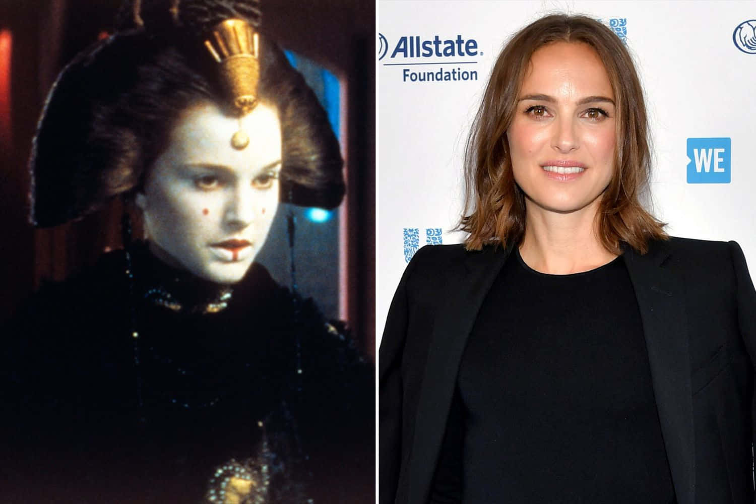 The Phantom Menace 桌布 壁紙 — 分割圖片顯示帕德美·艾米達拉戴著皇家頭飾，旁邊是穿著黑色西裝外套出席活動的女演員娜塔莉·波特曼。