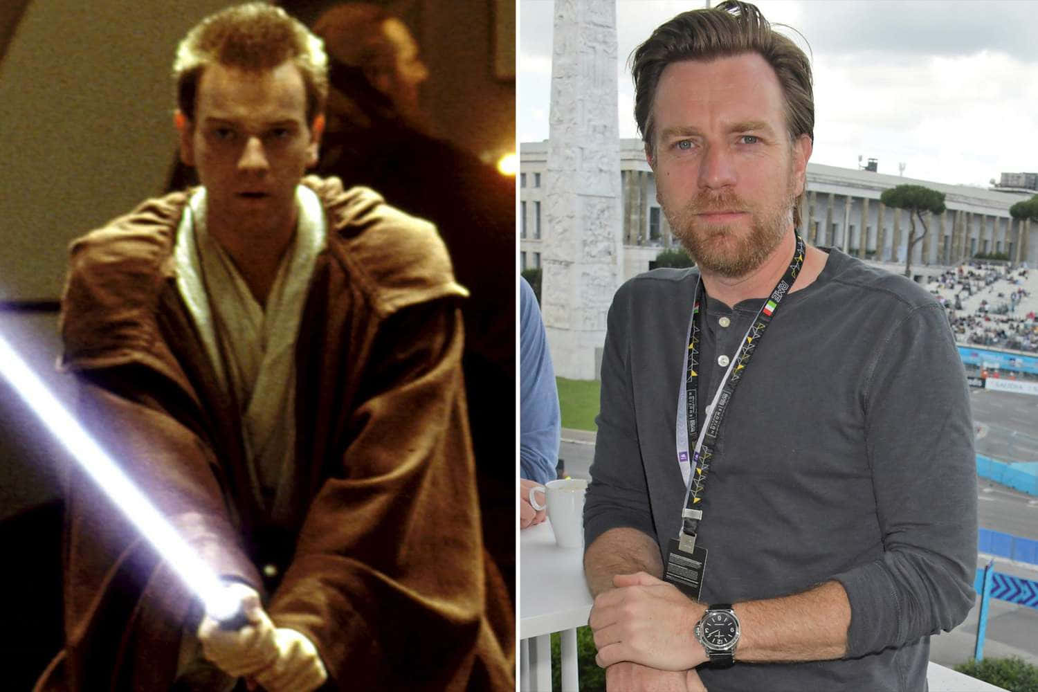 The Phantom Menace 桌布 壁紙 — 分割圖片顯示演員伊雲·麥葵格飾演絕地武士歐比王·肯諾比揮舞藍色光劍，旁邊是他穿著休閒服裝在戶外活動的照片。