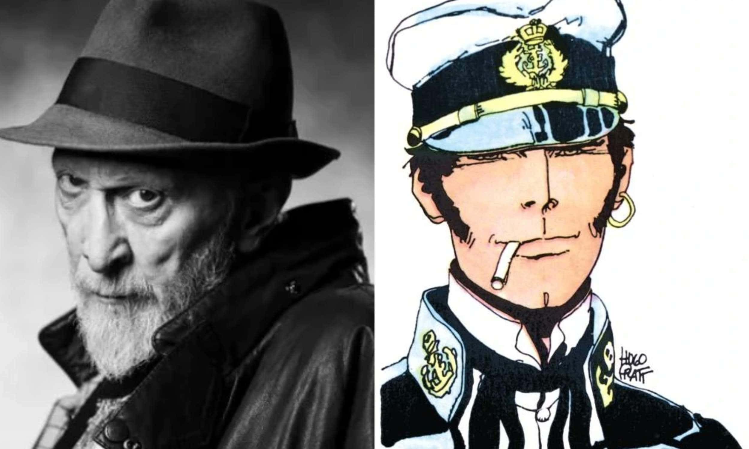 Frank Miller 桌布 壁紙 — 分割影像：戴軟呢帽的鬍鬚男的粗粒黑白肖像，旁邊是一個抽煙的彩色動畫水手。