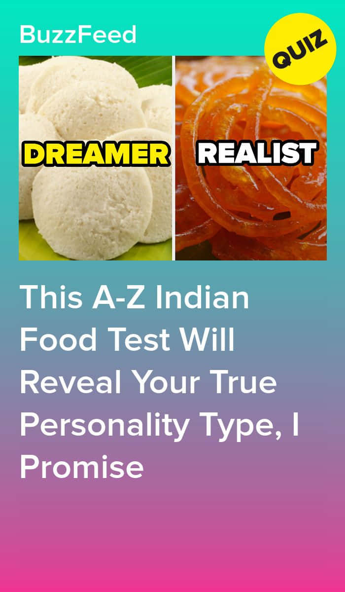 Food Memes 桌布 壁紙 — 分割畫面 BuzzFeed 測驗圖形，顯示白色 ladoo 標記為夢想家，橙色 jalebi 標記為現實主義者，背景為漸變色。