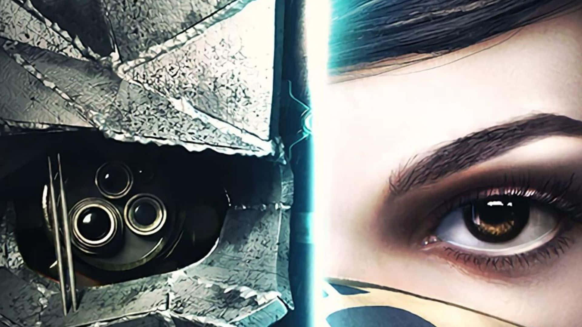 HD Gaming 桌布 壁紙 — 分割畫面顯示一個帶有發光藍色線條的賽博格眼睛，旁邊是一個帶有細緻睫毛和棕色虹膜的人類眼睛。