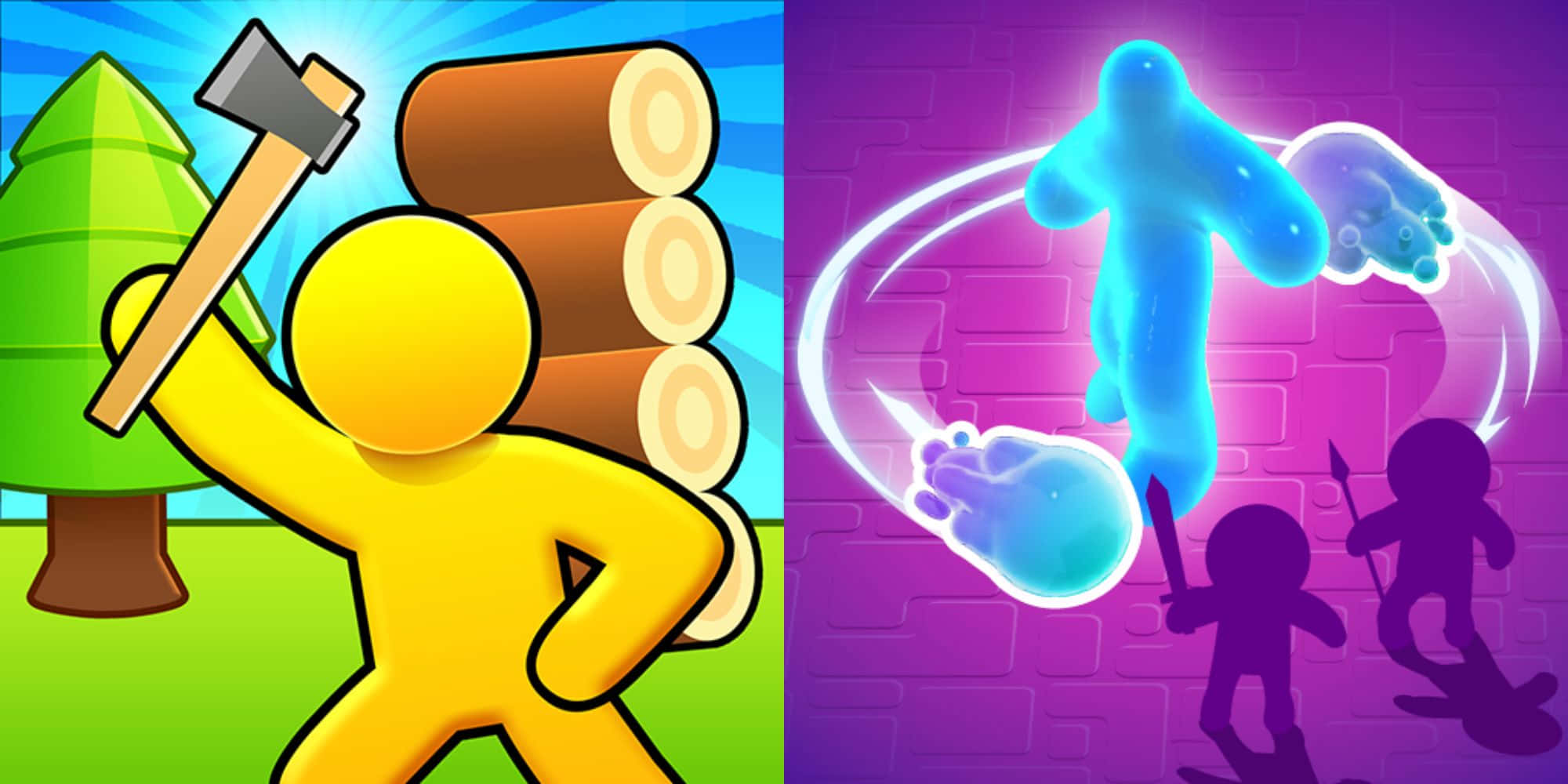 Casual Games 桌布 壁紙 — 分割畫面顯示一個黃色火柴人在樹旁砍柴，以及發光的藍色鬼魂人物在紫色磚牆前與剪影戰士戰鬥。