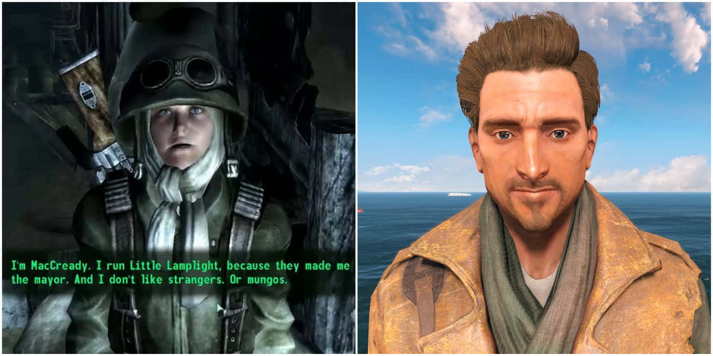 Fallout Characters 桌布 壁紙 — 分割畫面顯示一名戴護目鏡、表情嚴肅的士兵和一名穿著破舊大衣的男子站在海邊。