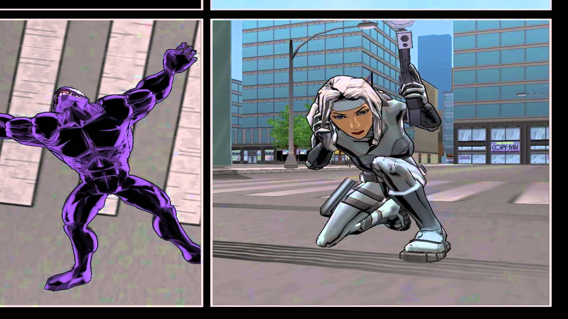 Silver Sable 桌布 壁紙 — 分割畫面顯示一名紫色裝甲超級英雄跳躍，以及一名銀色裝甲女特工在城市街道上蹲伏。