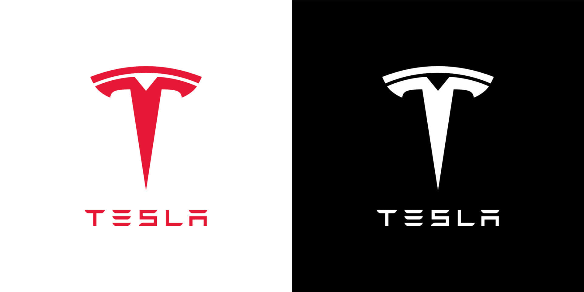 tesla 桌布 壁紙 — 分割畫面顯示紅色Tesla標誌在白色背景上，以及白色標誌在黑色背景上，下方有品牌名稱。