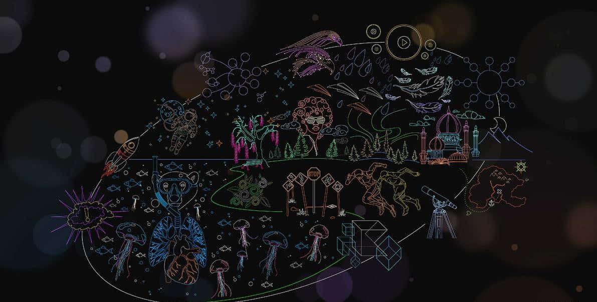 霓虹勾勒的宇宙符號和生物漂浮在黑暗的散景背景中。