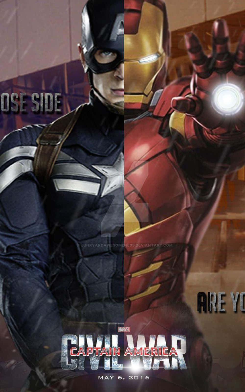 Iron Man Vs Captain America 桌布 壁紙 — 分屏Marvel海報，展示美國隊長和鋼鐵俠穿著標誌性戰衣，在戲劇性的電影對決中對峙。