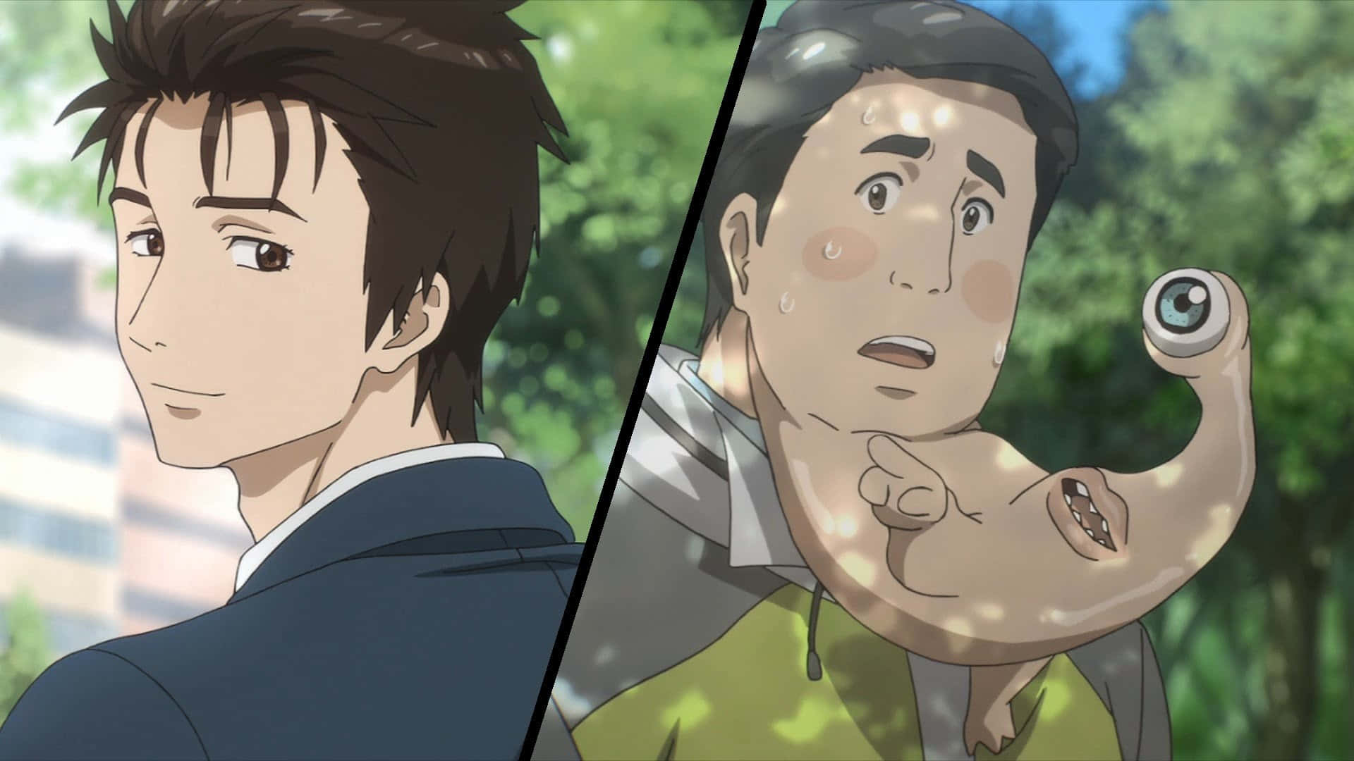 Parasyte 桌布 壁紙 — 分屏動畫場景，展示冷靜穿西裝的男人與驚恐擁有怪異外星手臂的男人。