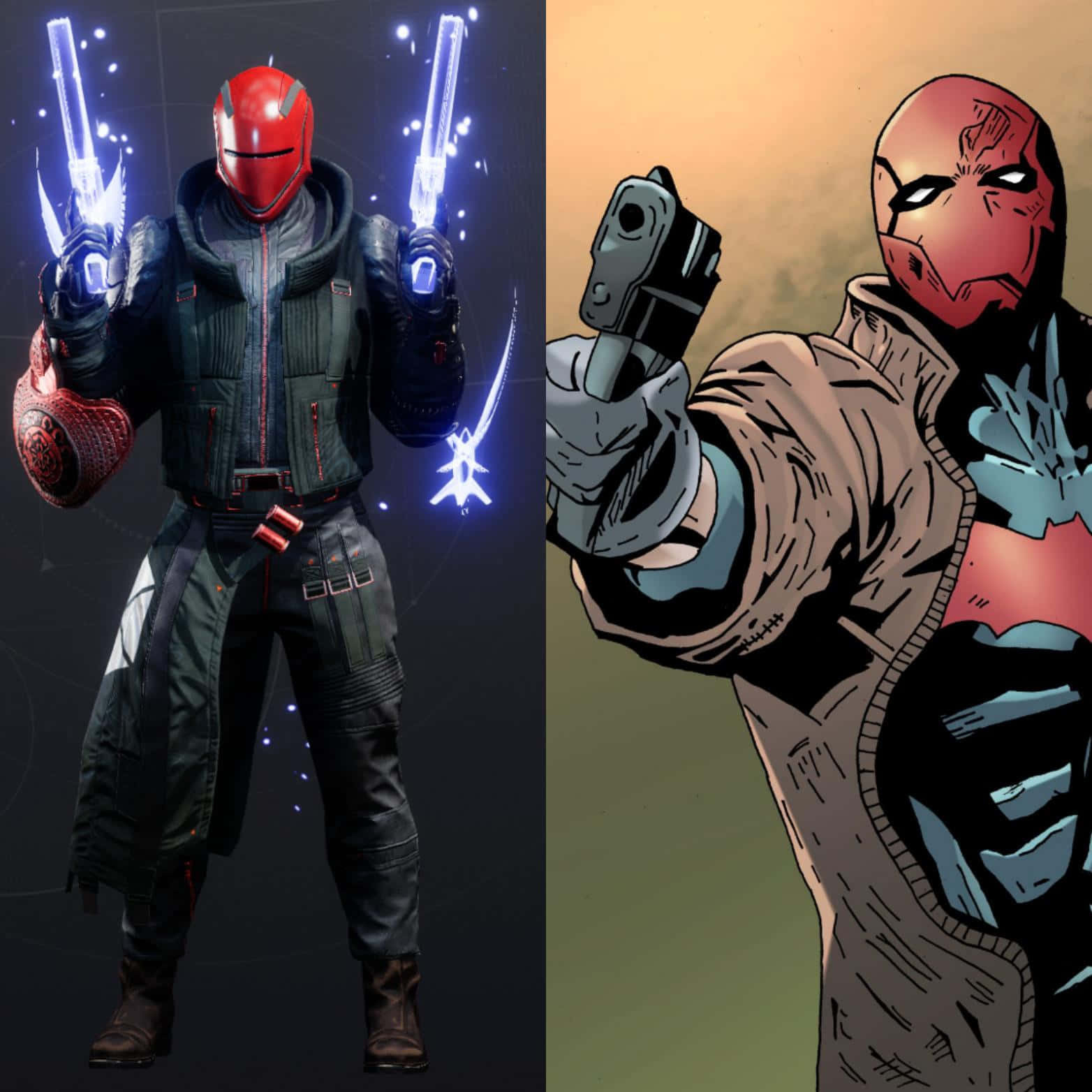 Red Hood 桌布 壁紙 — 分屏顯示一個未來風格的紅色面具戰士揮舞著發光的刀刃，和一個臉上帶疤的漫畫反派舉著槍。