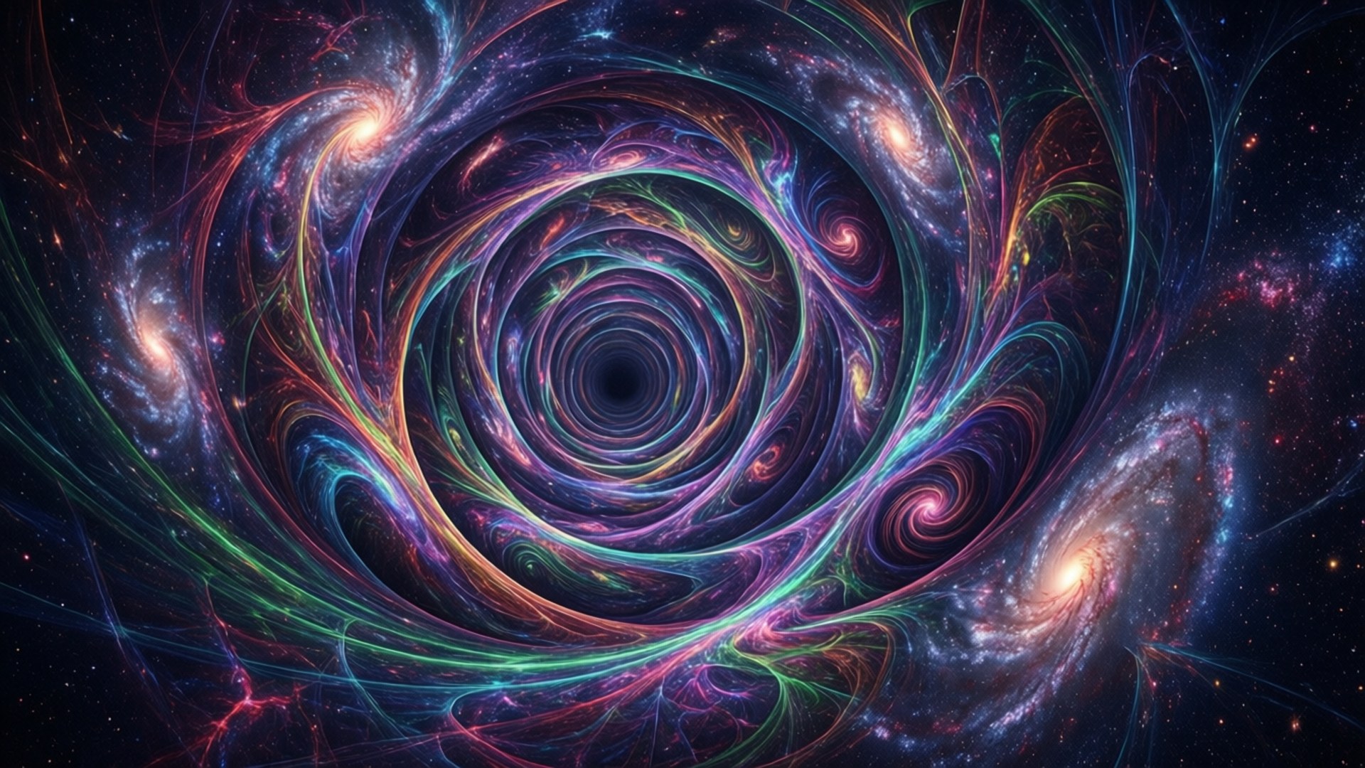 充滿活力的宇宙漩渦，在深空中旋轉的星系和霓虹觸手。