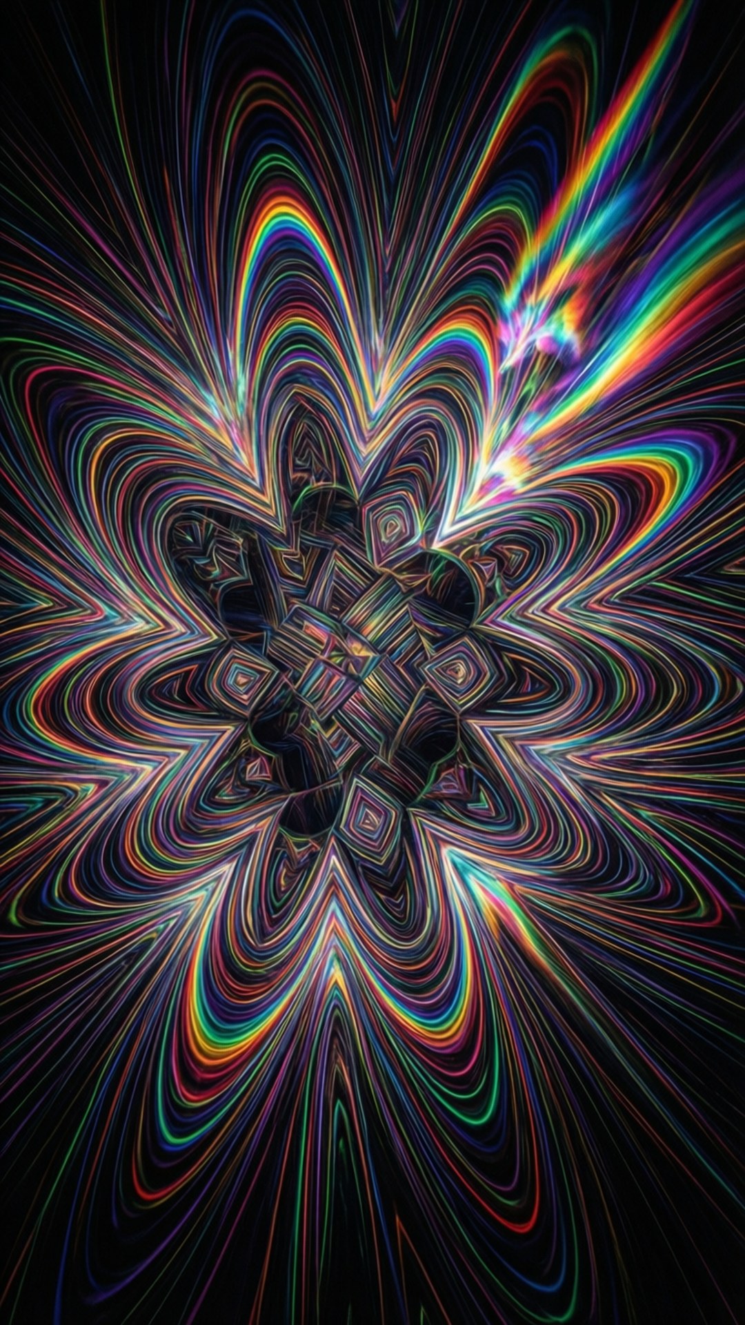 從中央幾何圖案輻射出的彩虹色萬花筒隧道。