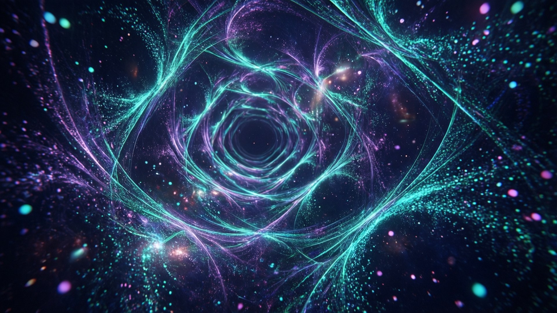 充滿活力的宇宙隧道，發光的青綠色和紫色能量絲在繁星點點的太空中旋轉。