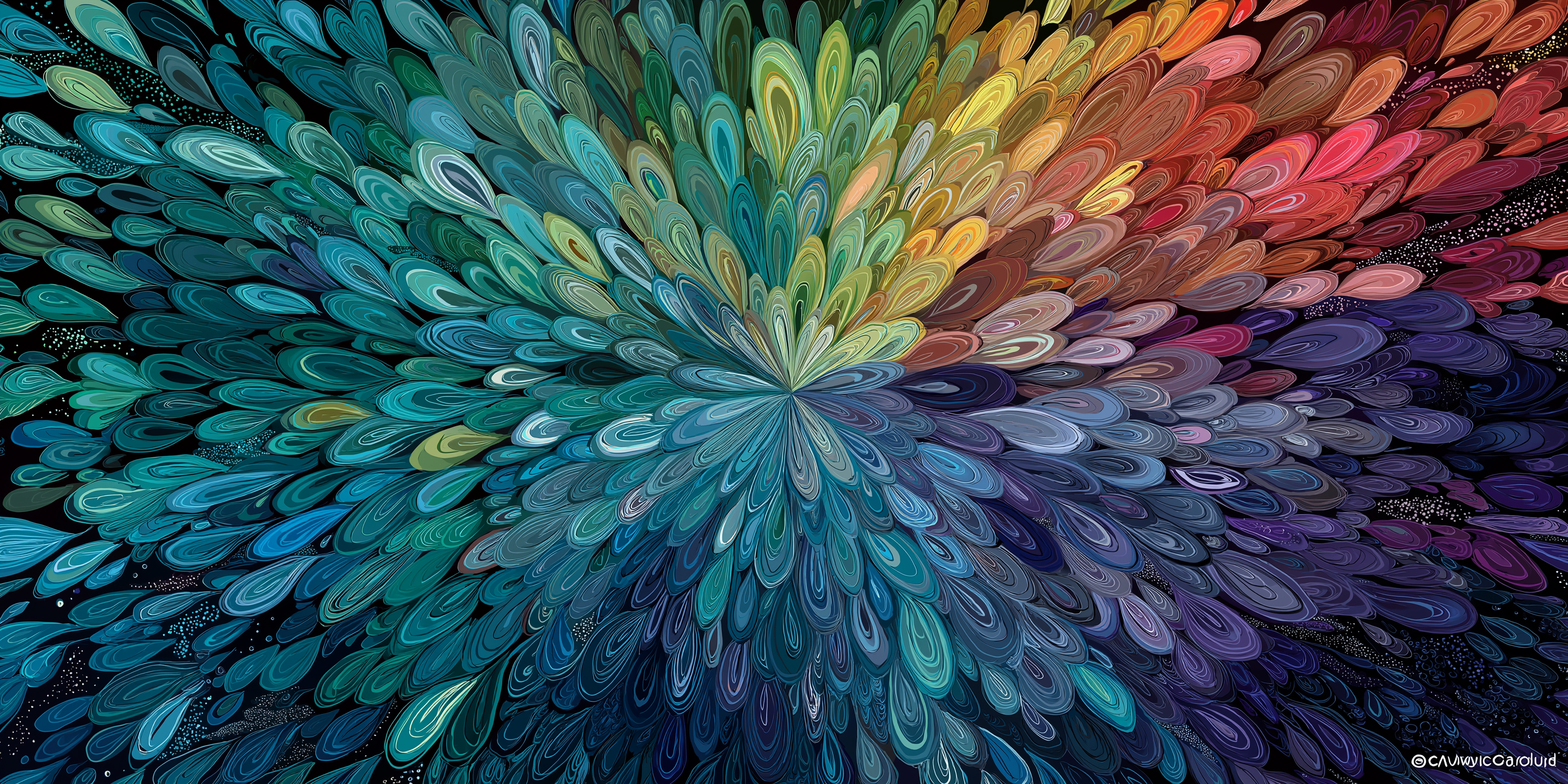 分形花卉萬花筒 壁紙 — 在深色背景下，色彩繽紛的旋轉孔雀羽毛圖案向外輻射，形成燦爛的抽象爆發。