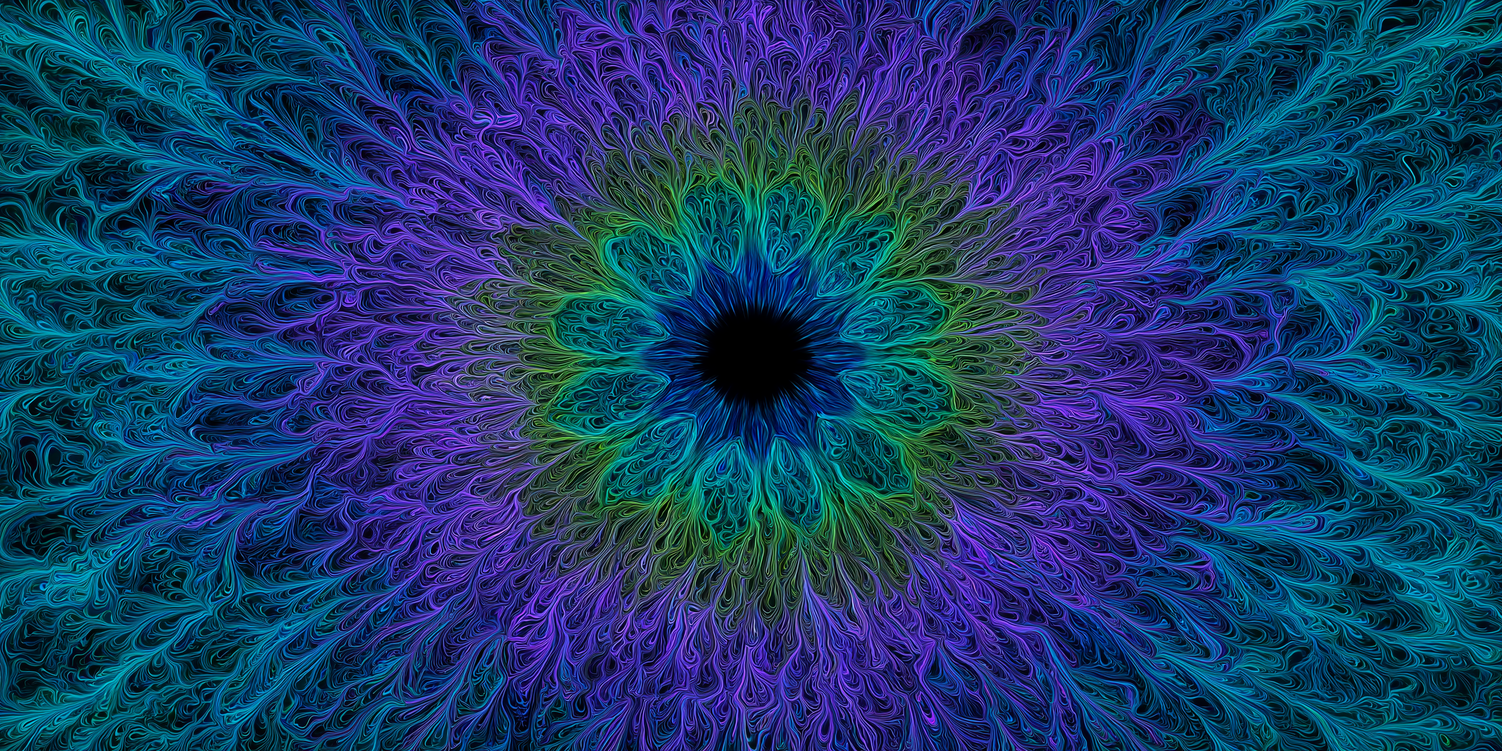 分形花卉萬花筒 壁紙 — 一個發光的碎形曼陀羅，從黑暗中心迸發出電光藍、紫和綠色的卷鬚。