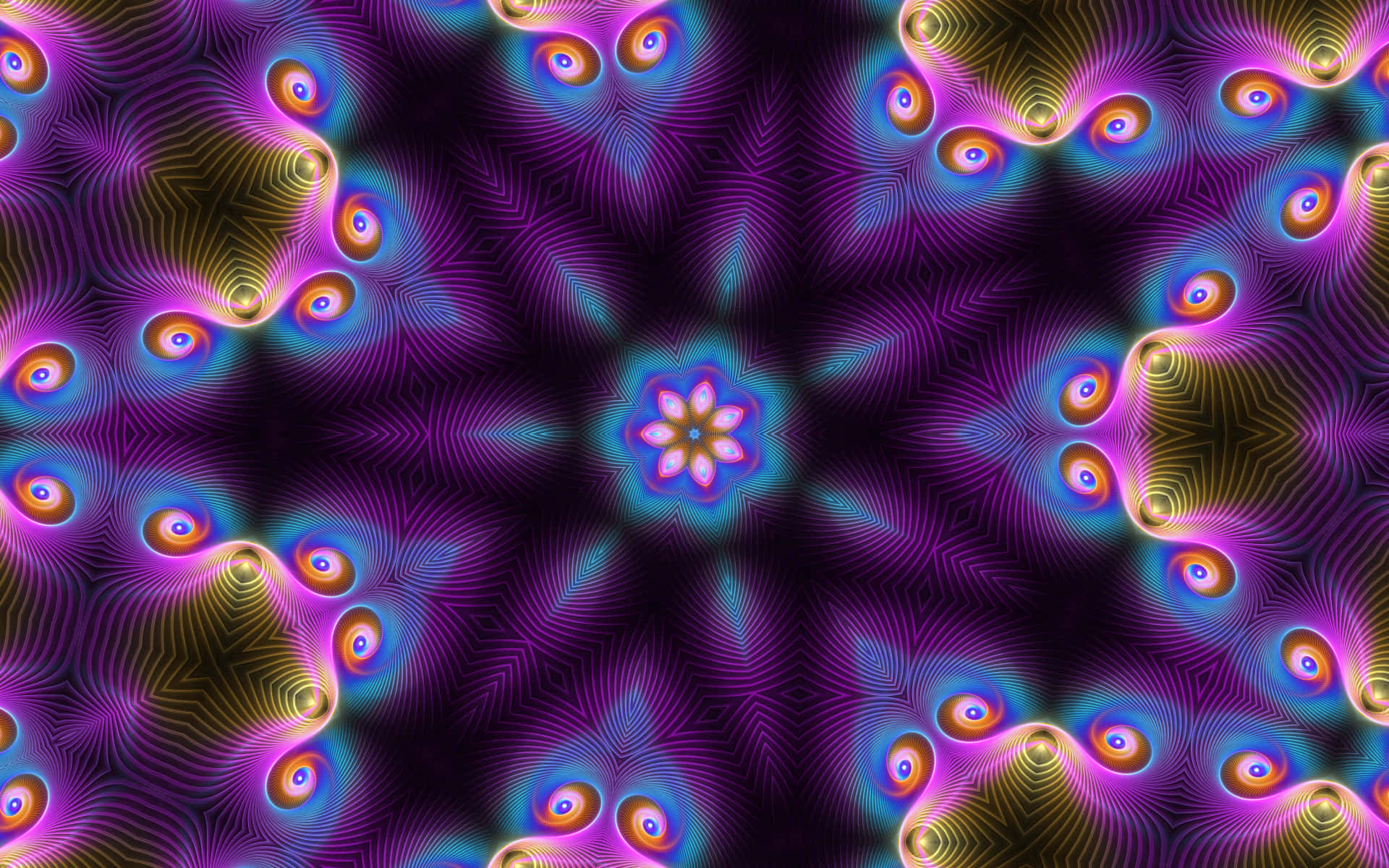 充滿活力的抽象數位藝術，帶有發光的霓虹圖案和對稱的分形設計。