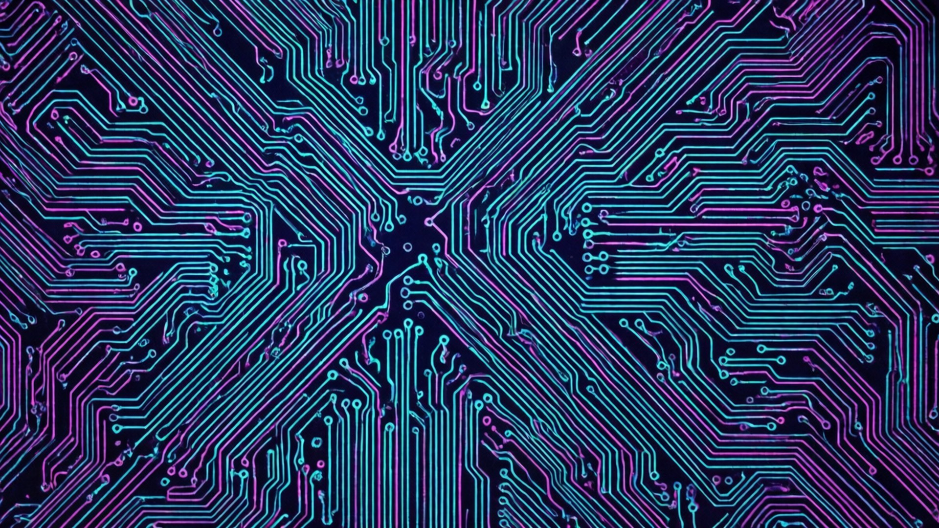 黑色背景上帶有藍色和紫色線條的抽象發光電路板設計