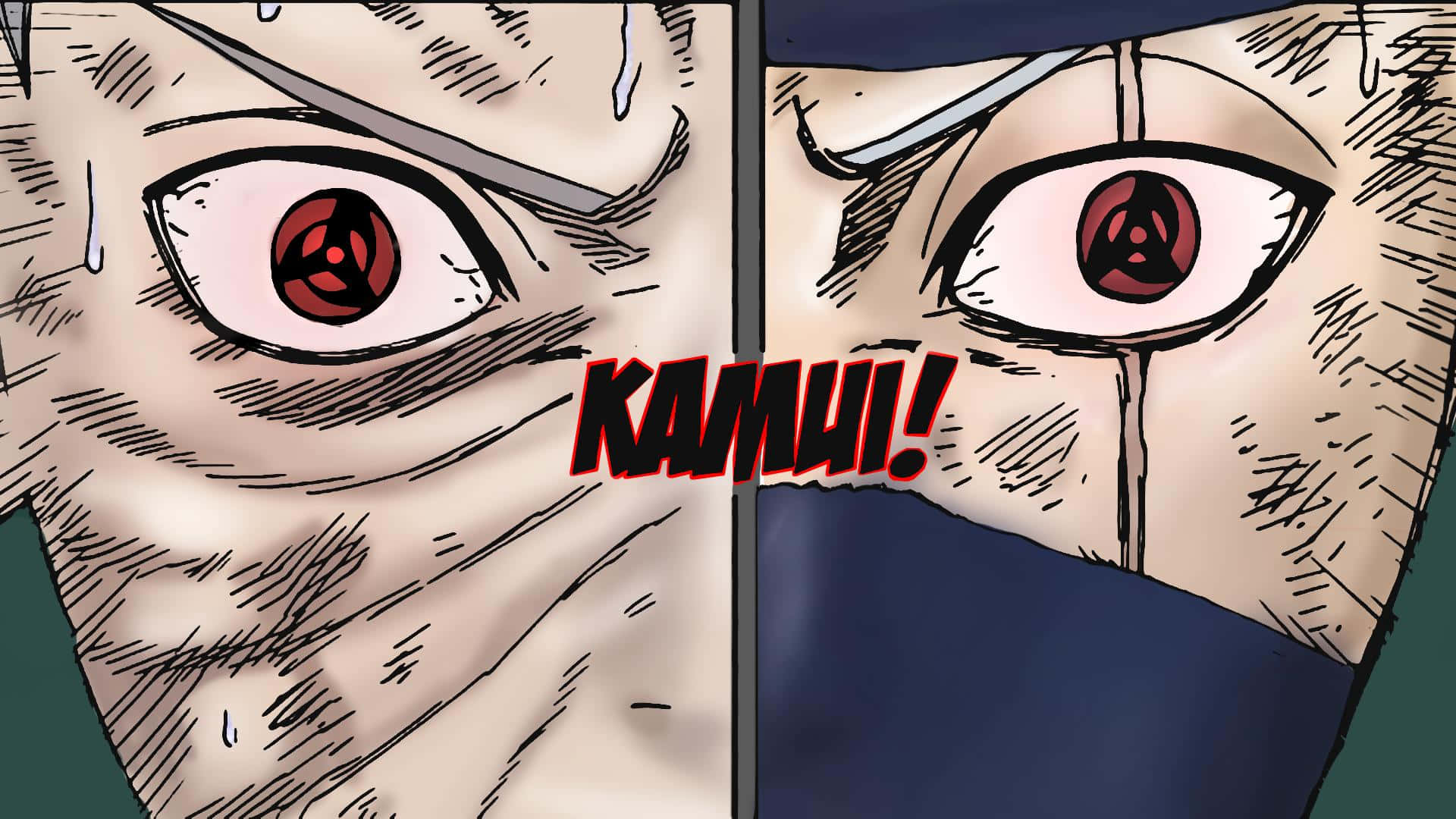 Kakashi And Tobi 桌布 壁紙 — 分格動漫特寫，展示戴面具角色強烈的紅色環狀眼睛，並帶有「KAMUI！」文字。