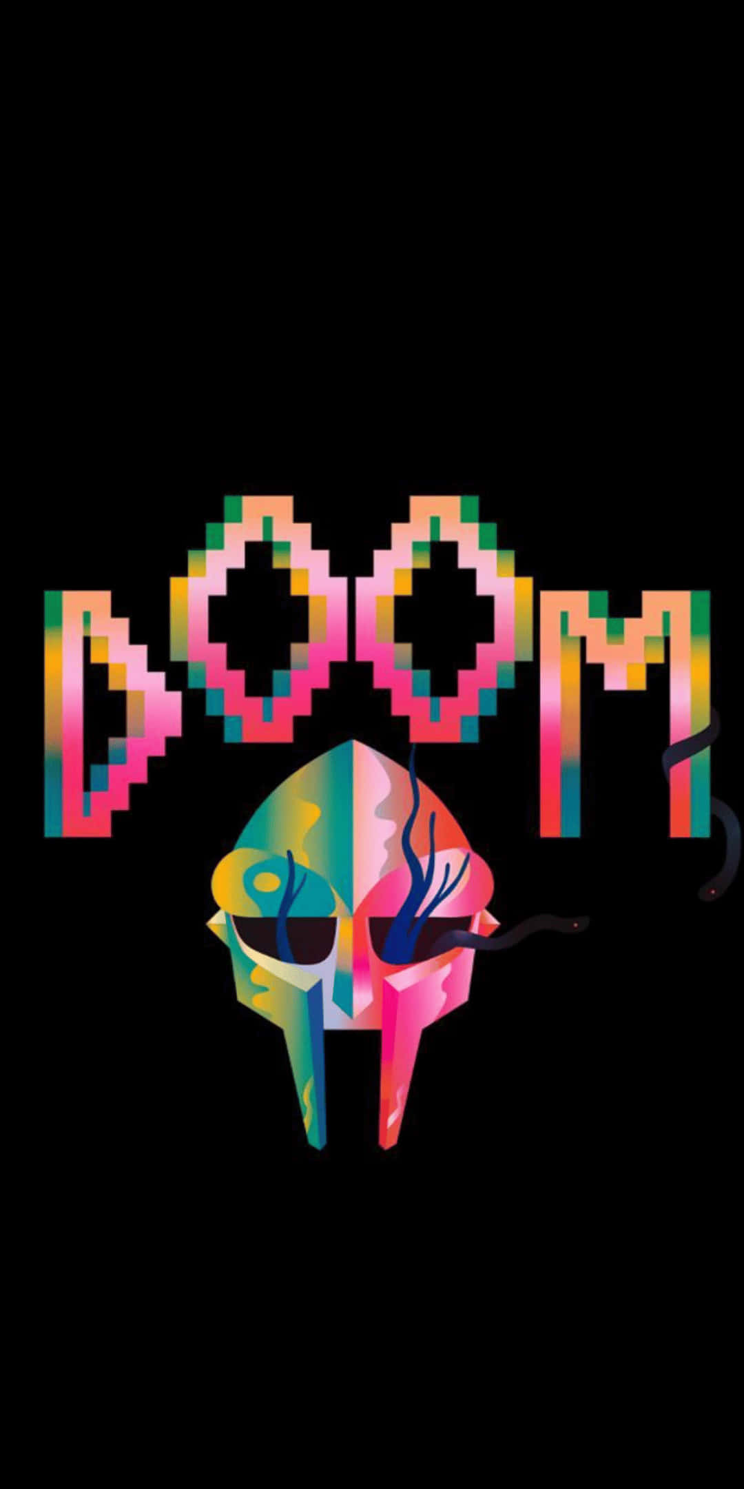 切換至 Pixel 3，迎接 Doom 的挑戰 壁紙 — 在黑色背景上帶有彩虹漸變色彩的鮮明像素化DOOM標誌和骷髏頭。