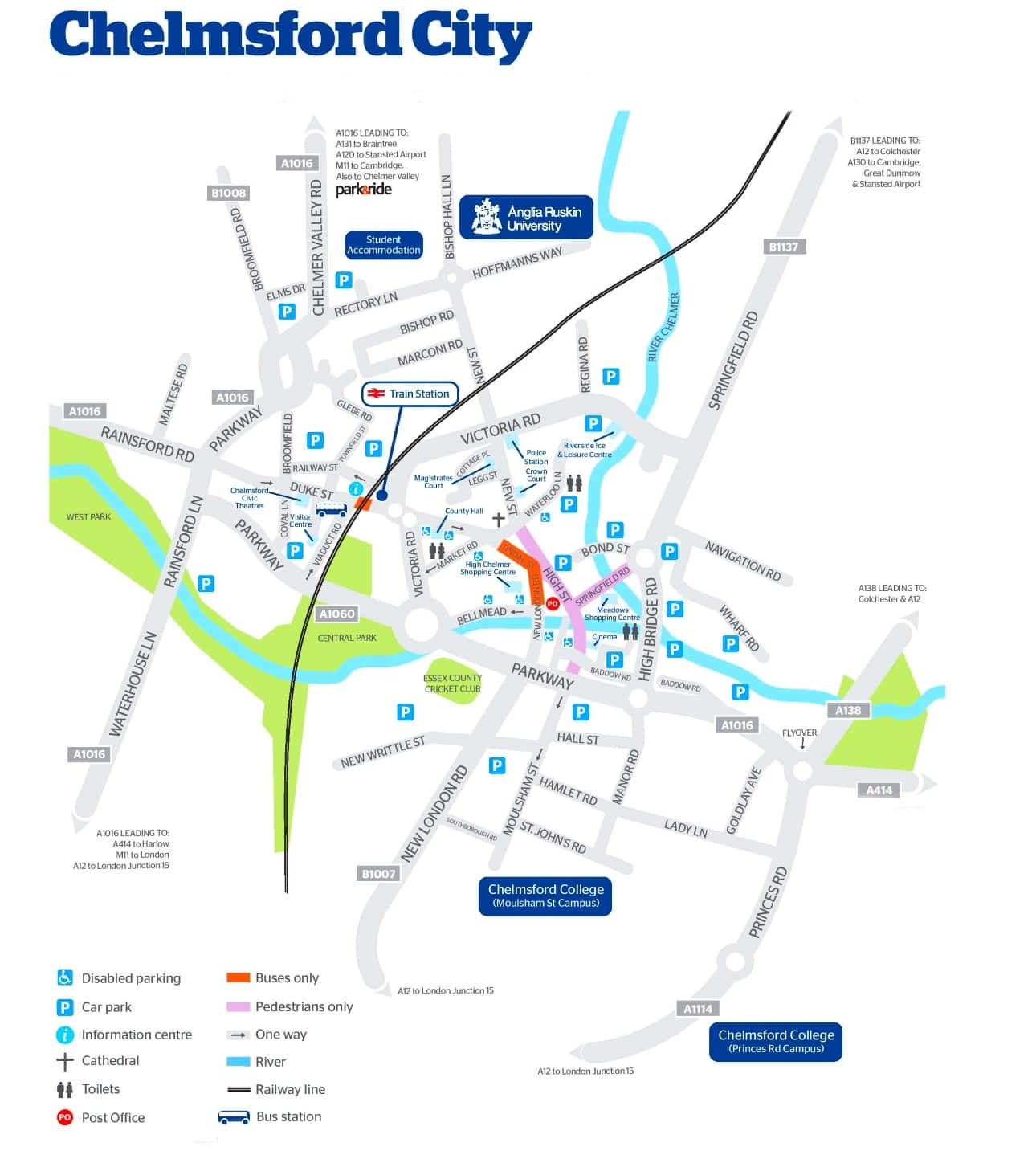 Chelmsford United Kingdom 桌布 壁紙 — 切爾姆斯福德市的詳細地圖，顯示道路、地標和交通路線，並帶有顏色編碼的路徑和圖標。