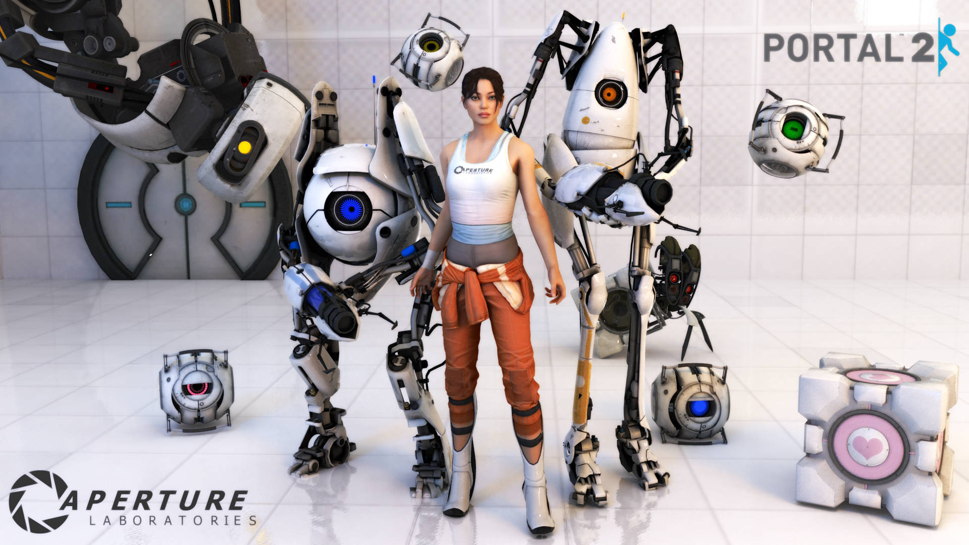 Chell 在光圈實驗室中被機械人和傳送門裝置包圍。