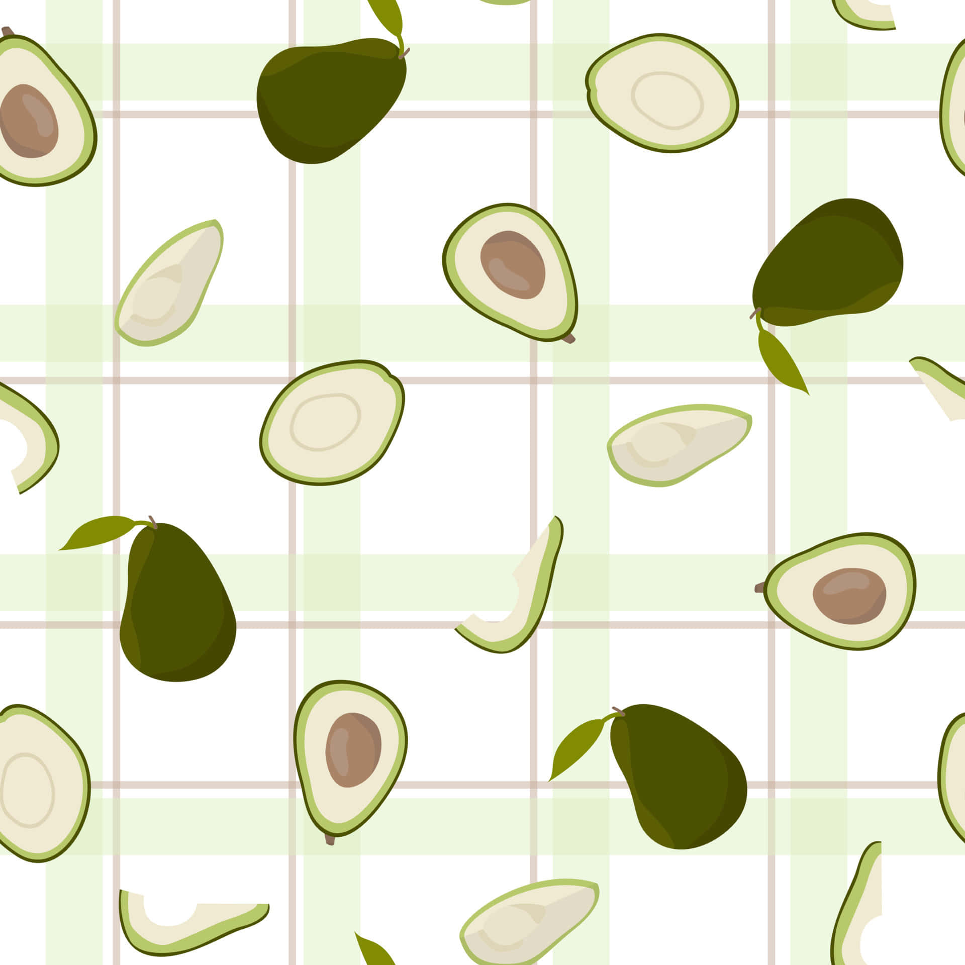 Cute Avocado 桌布 壁紙 — 切片和完整的牛油果在淺綠色和白色格仔背景上以俏皮圖案漂浮。