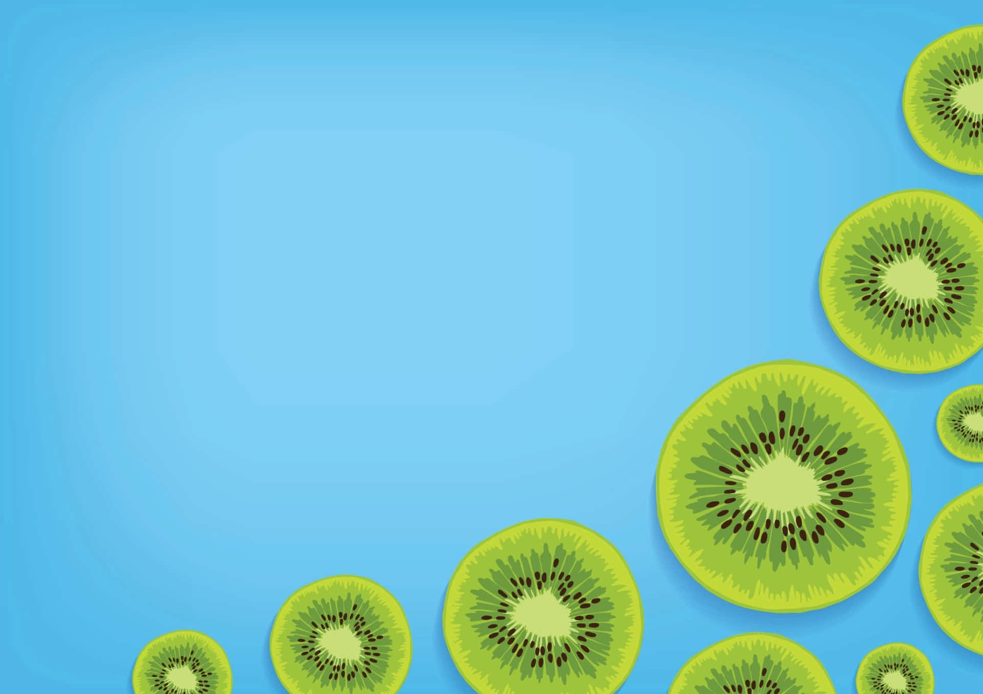 Kiwi 桌布 壁紙 — 切片奇異果在柔和的藍色漸變背景上以對角線漂浮，呈現乾淨的數位插圖風格。