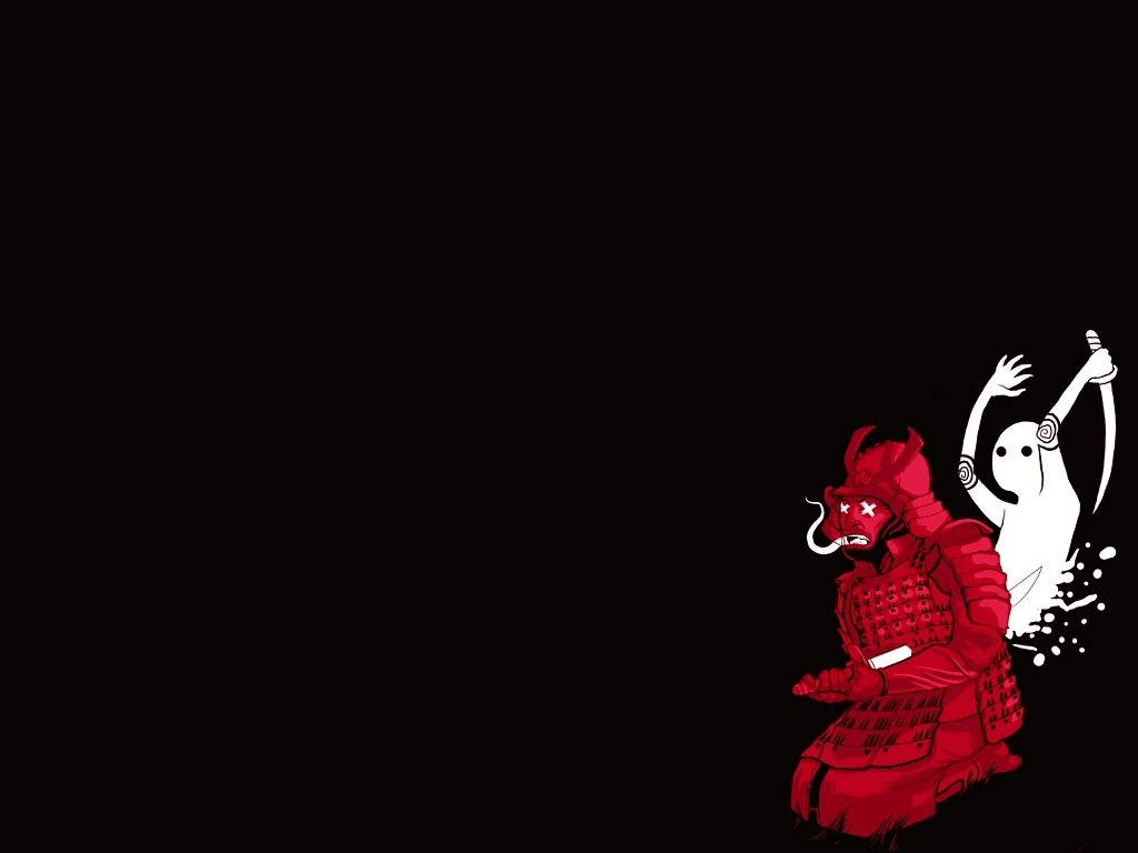 紅色武士被白色幽靈在黑色背景上高舉劍擊敗