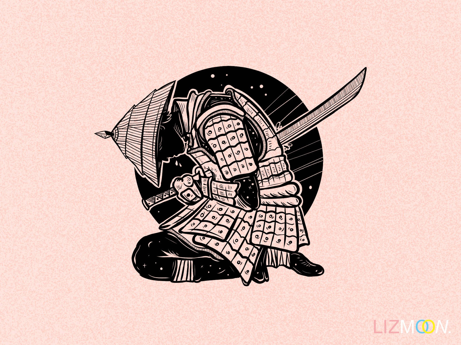 穿著盔甲的武士跪著持劍，背景是粉紅色上的星形黑色圓圈。