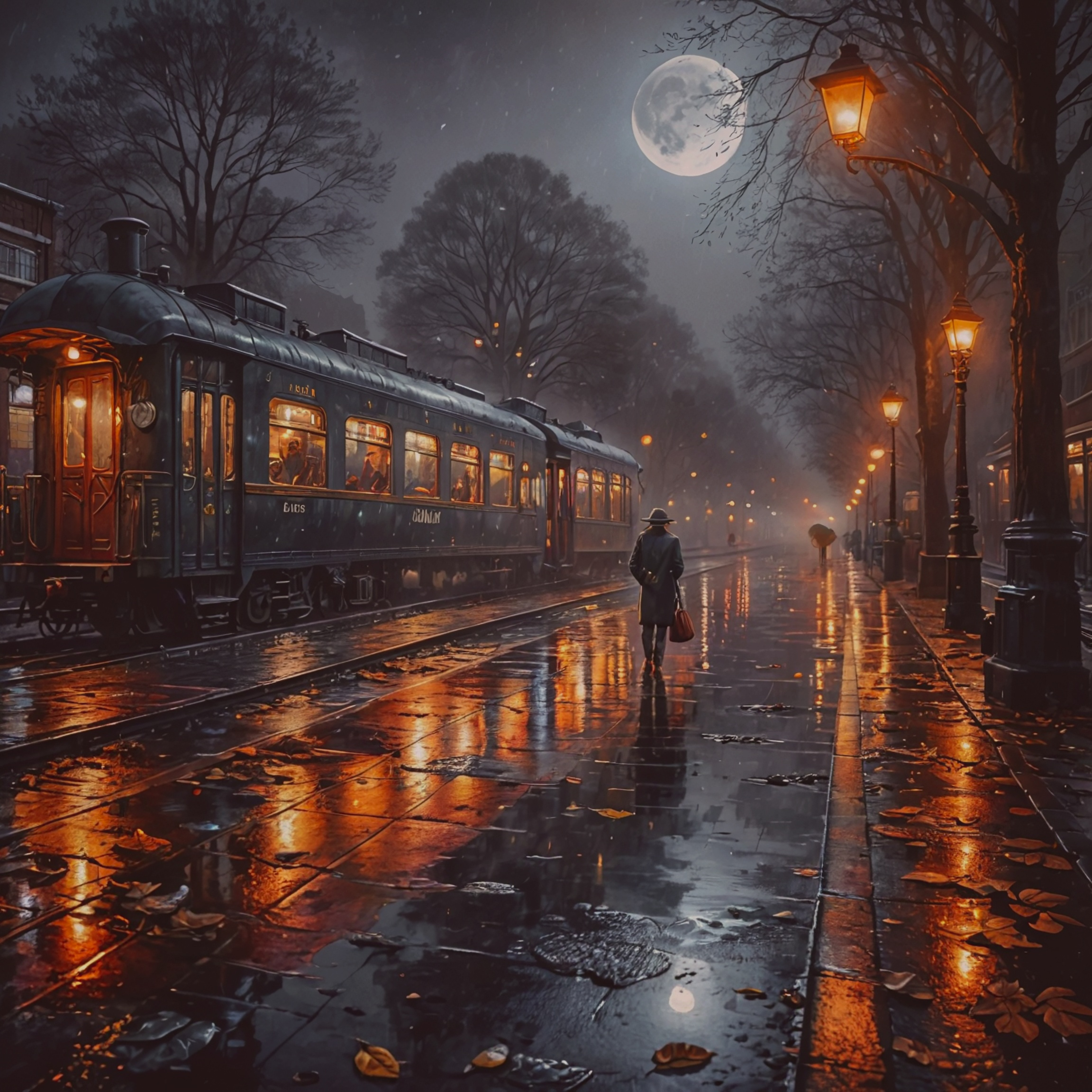 列車 壁紙 — 一個孤獨的身影在滿月下沿著雨濕的街道夜行，旁邊一輛復古火車溫暖地發光。