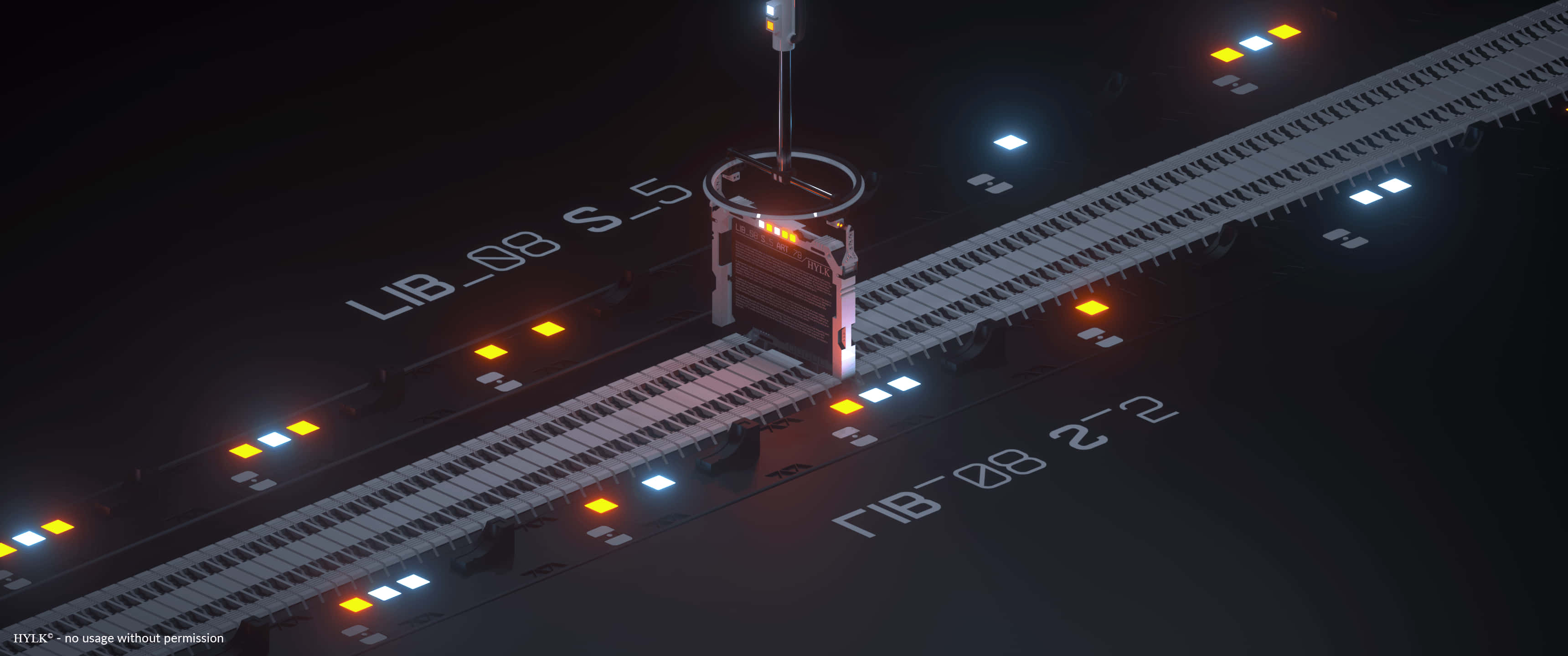 列車沿軌道行駛，燈光閃爍 壁紙 — 一條未來風格的數碼鐵路軌道在黑暗背景中發出橙色和藍色的光芒。