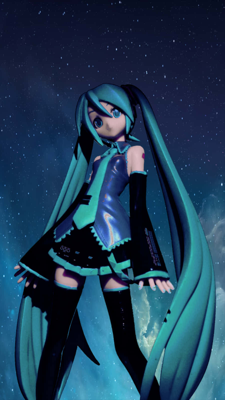 初音未來 CV01 VOCALOID 手機 壁紙 — 擁有青綠色雙馬尾的動漫角色站在星光燦爛的宇宙背景前，背景有發光的星雲。