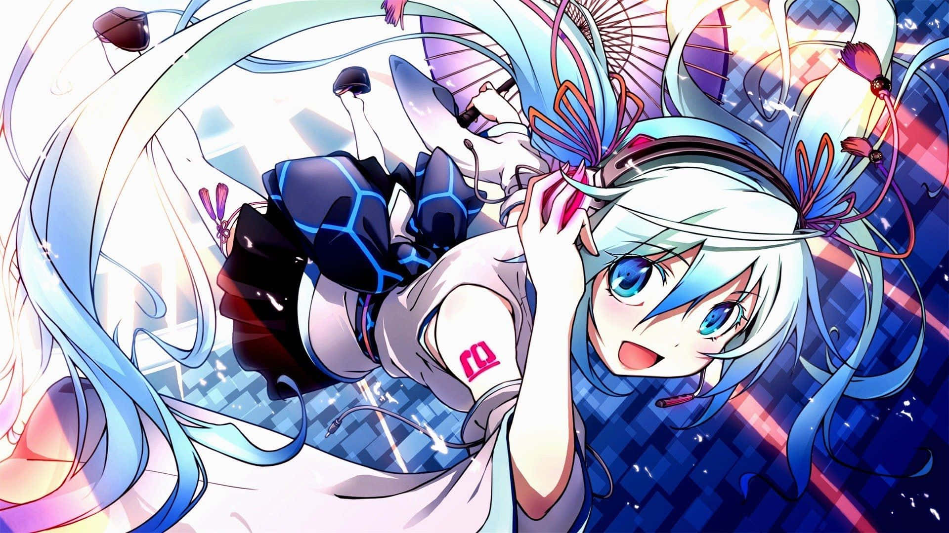 初音未來 Vocaloid 動畫核心 壁紙 — 一個充滿活力的動漫女孩，擁有飄逸的藍色頭髮和蝴蝶飾品，漂浮在發光的數碼圖案和彩色光線中。